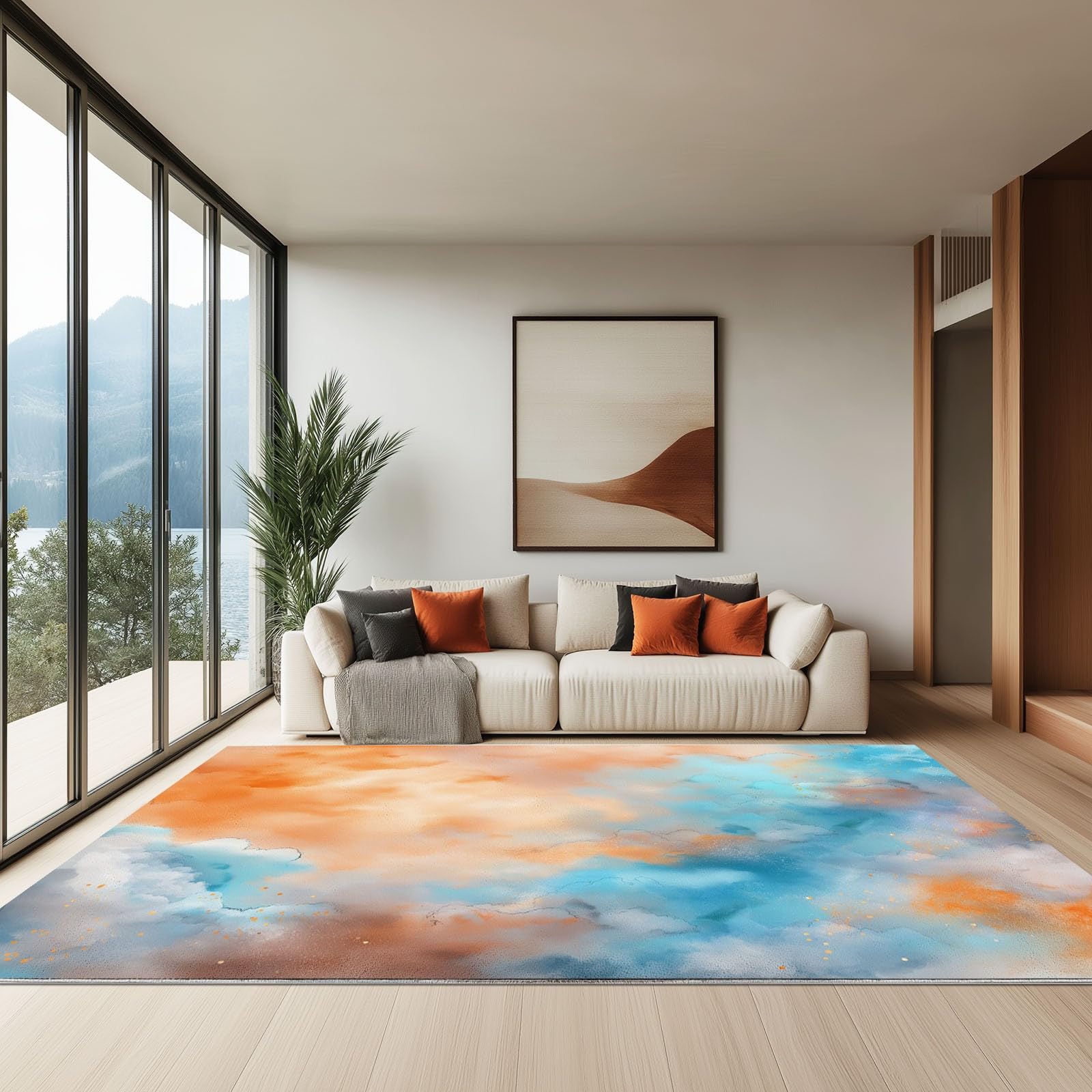 Tapis Descente de Lit 80 x 150 cm, Moquette de Sol Antidérapant et Lavable, Abstrait Art Peinture Nuages - Tapis d'Intérieur Pliable à Poils Courts pour Cuisine, Chambre à Coucher - Orange Clair