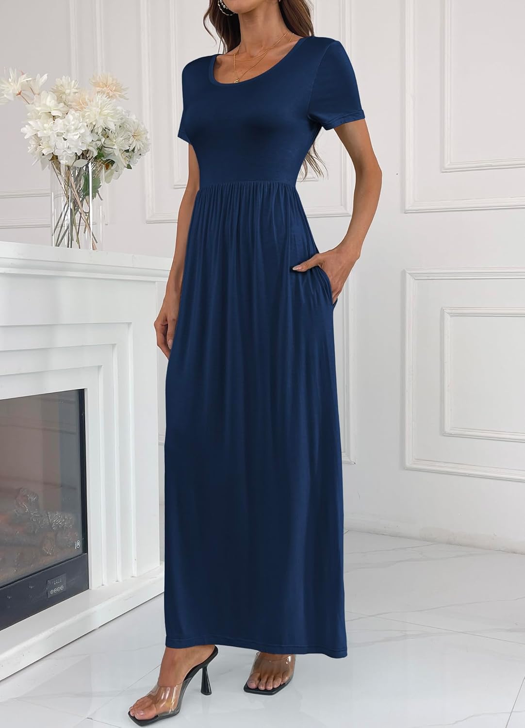 Women's Pure Color Casual Long Maxi Dress with Pockets L Navy Blue - Image 2