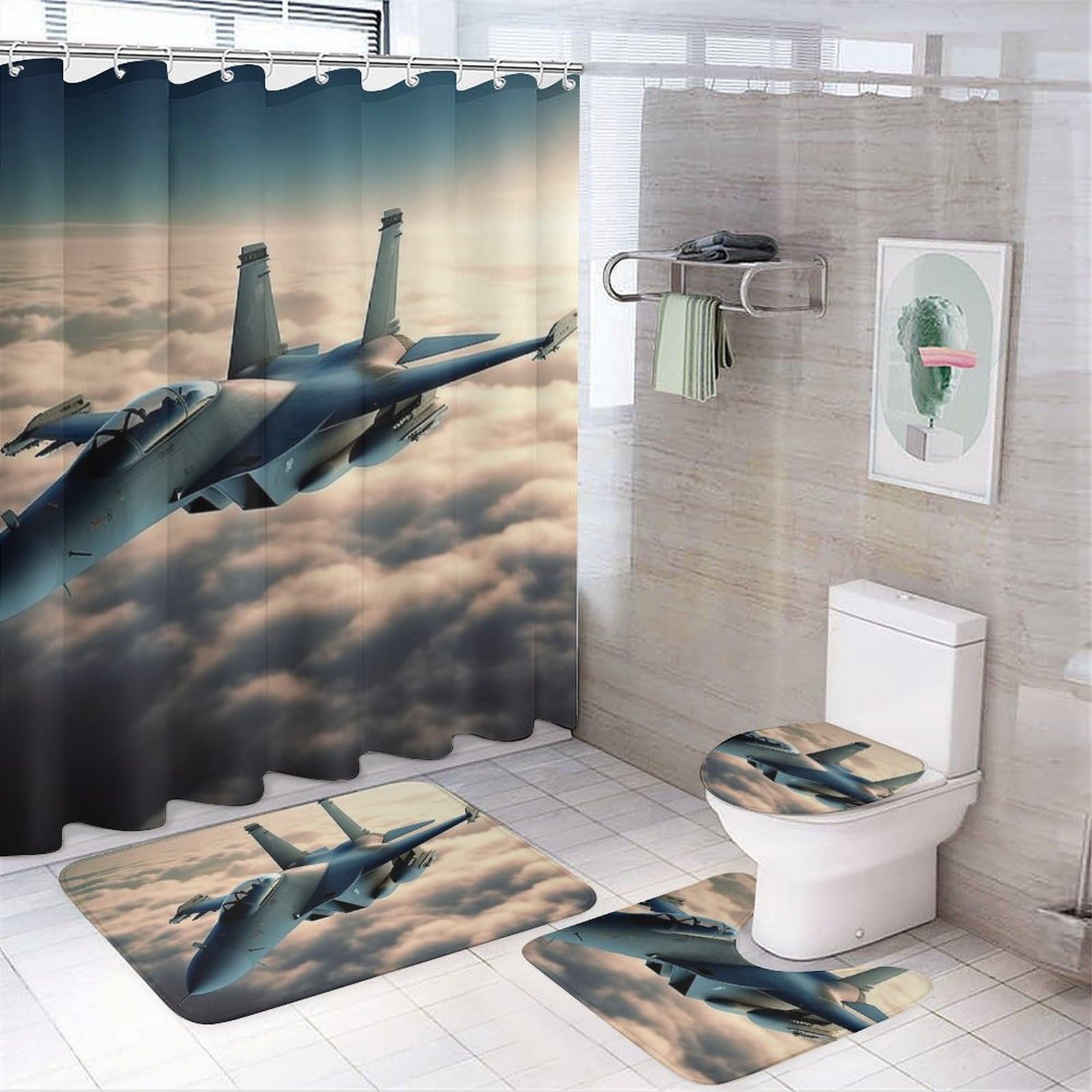 Boys Airplane Fabric Shower Curtain Aircraft Flight Shower Curtain For Kids Teens Black White Sketch Hemisphere Bathroom Sets Helicopter Plane Waterproof Curtains 72 Wx