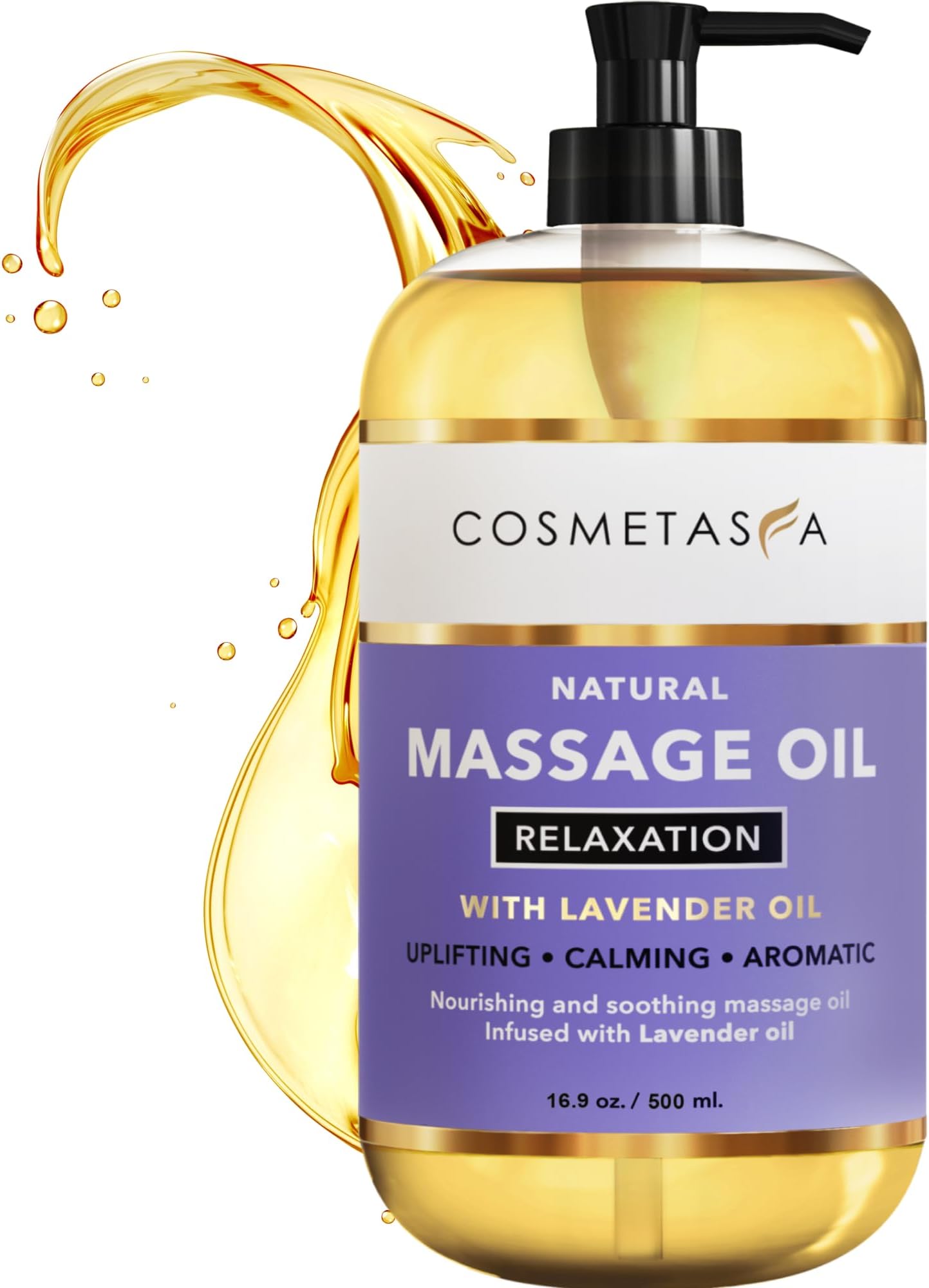 Cosmetasa Lavender Massage Oil for Massage Therapy - All Natural, Cruelty-Free & Spa Quality Skin Therapy Oil, Calming & Soothing Care - Lavender, Geranium & Grapeseed Oil (16.9 oz)