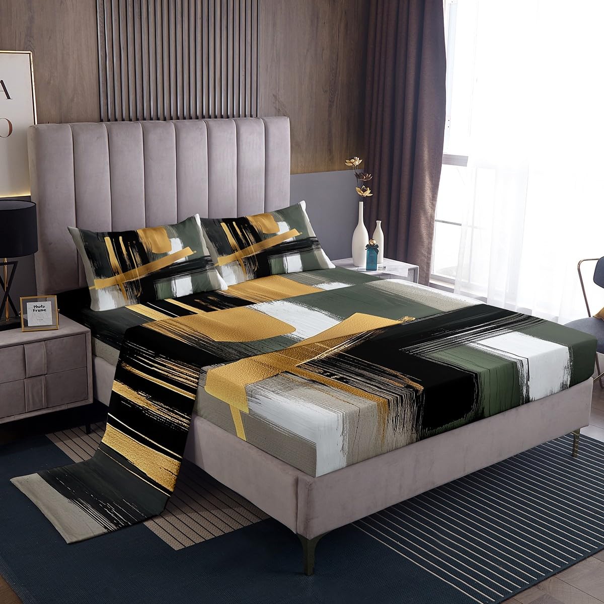 jejeloiu Kids Abstract Art Fitted Sheet Twin Size Geometric Bedding Set for Boys Girls Teens Gold Modern Art Bed Sheets Set Geometry Bedroom Decor Breathable Soft 2Pcs