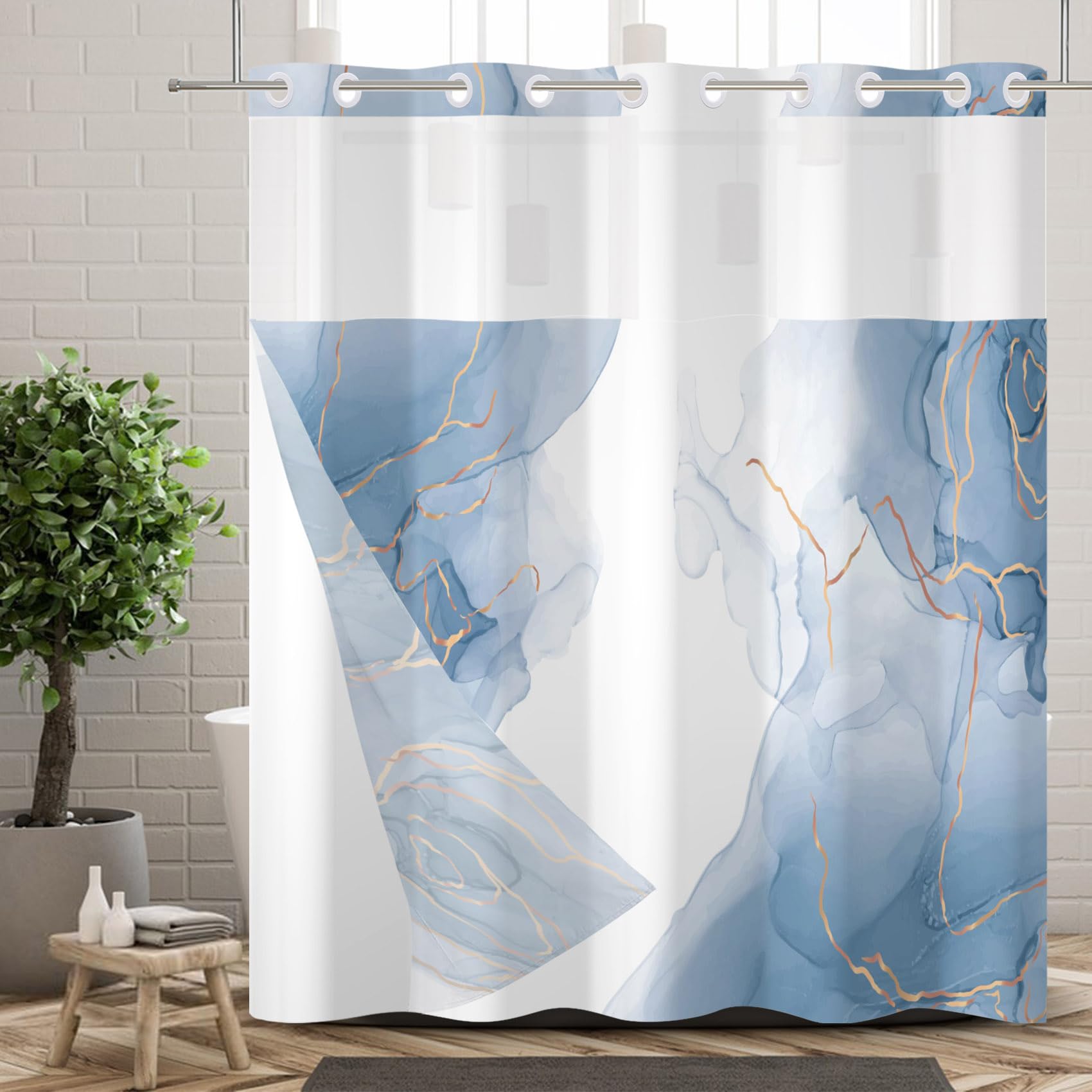 Ttincceer Hook-less Shower Curtain Abstract Blue Marble Shower Curtain with Snap in Liner Abstract Double Layer Modern Bathroom Curtain with See Through Window Waterproof 71x74inch