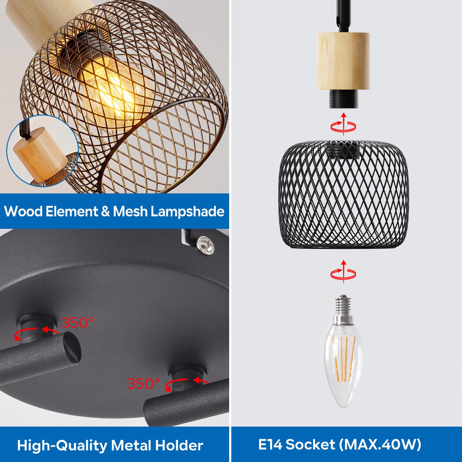 ANWIO Faretti LED da Soffitto Orientabili con 4 Luci E14, Faretto da Interno Moderna, Faretti Soffitto per Barra, Salotto,Cameretta, Cucina (Senza Lampadina)