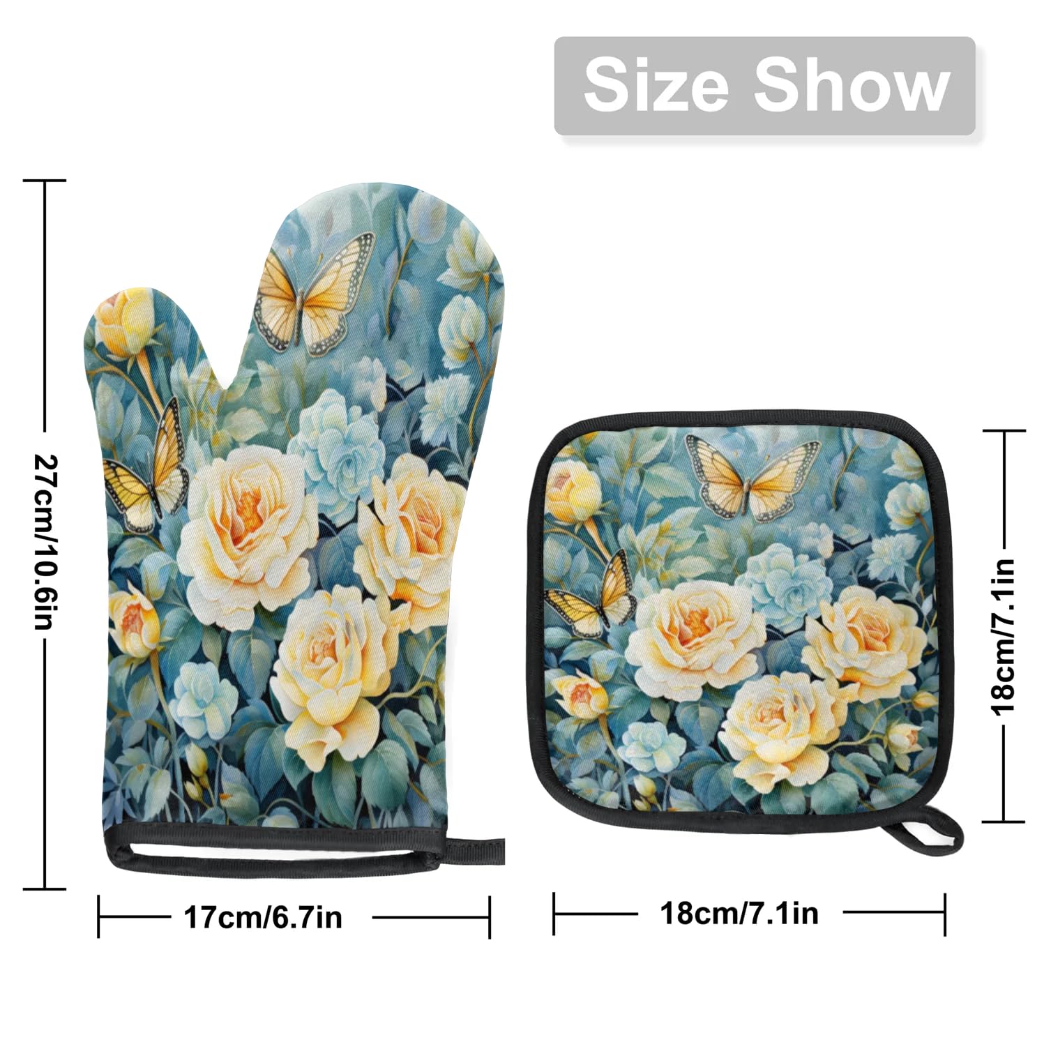 Rose Butterfly Oven Mitts Kitchen Oven Gloves for Cooking Baking Heat Proof Lining Cotton Kitchen Potholder Mittens Pot Holders Hot Pads for Chef Women Men