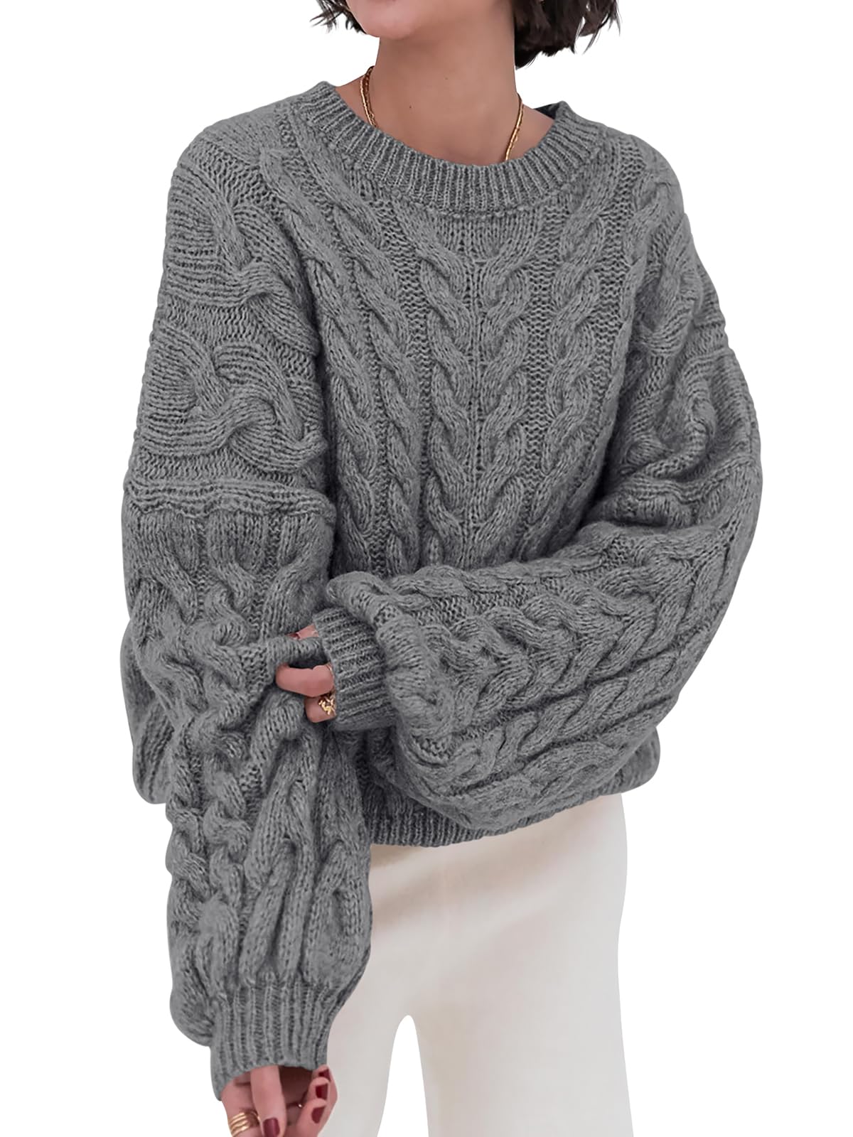 PRETTYGARDEN Womens Sweaters Spring 2025 Cable Knit Long Sleeve Crewneck Oversized Sweater Chunky Pullover Loose Outfits