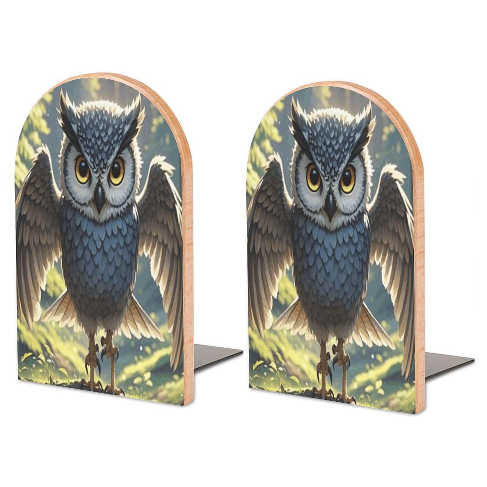 Anime Owl Bookend for Shelves Non-Skid Book Holder Modern Heavy Duty Bookend Stopper Metal Base Wood Book End Books Shelf Holder Home Decorative 1pair 6.7x3.9x4.7