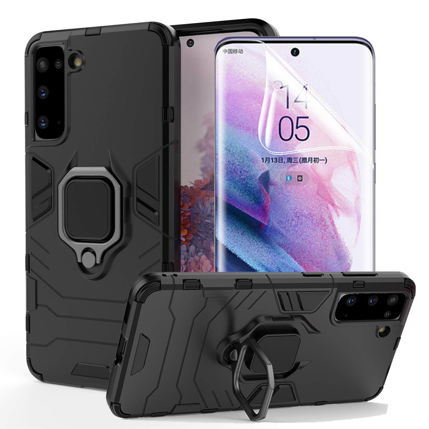 BestShare For Samsung Galaxy S21 5G Case with Hydrogel Film, Heavy Duty Armor Defender Anti-Scratch Kickstand Shockproof Protector Cover & Ring Grip, Black