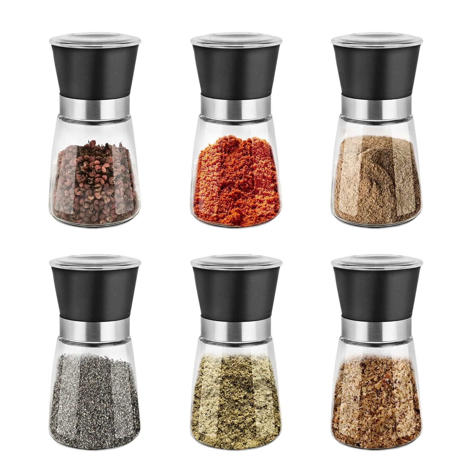 SUNNYNEST 6 Pack Salt and Pepper Grinder Set, 180ml Plastic lid Adjustable Coarseness Coarse & Fine Salt Shakers, Premium Ceramic Glass Body Salt and Pepper Mills