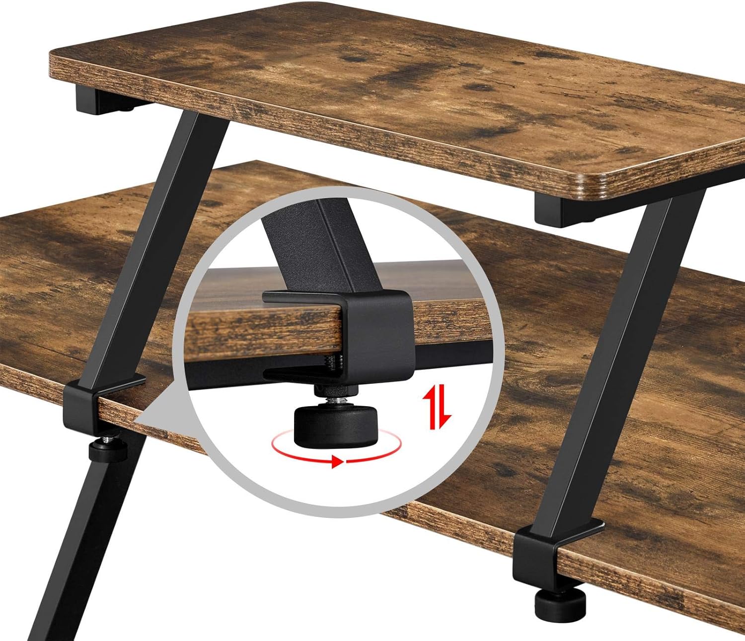 Nærbillede af skærmstativets justerbare clamp mekanisme