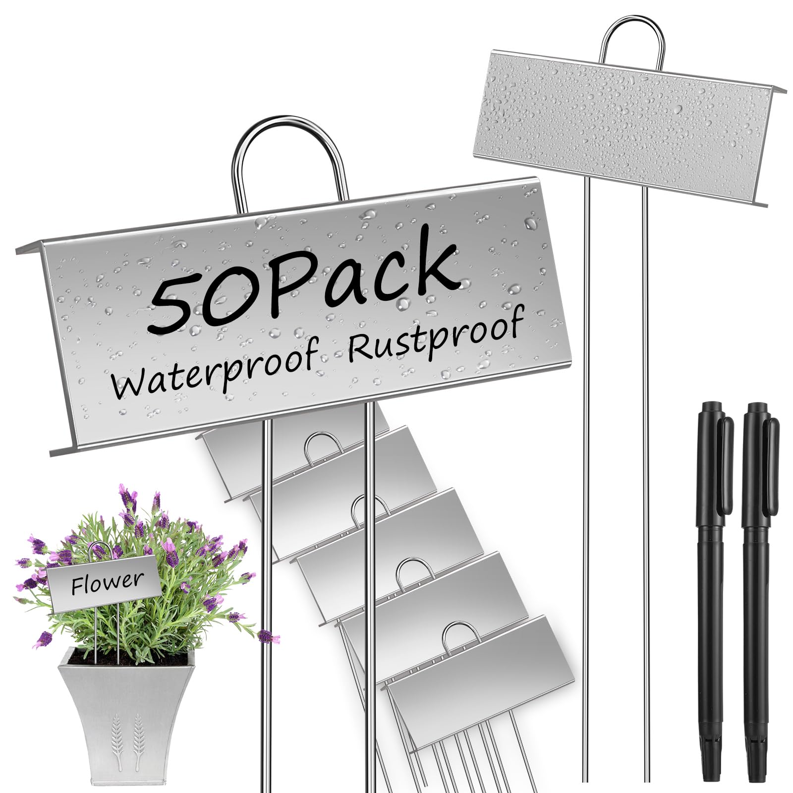 Lot de 50 étiquettes de jardin en métal imperméables avec stylo pour semis, légumes, fleurs, hauteur 27,6 cm, surface d'étiquette 8,9 x 3,1 cm (argenté)