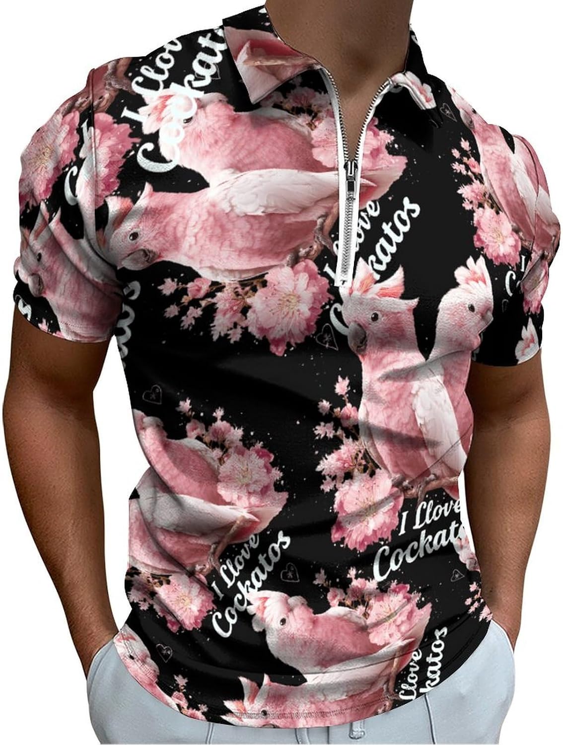 I Love Heart Cockatoos Parrot Men's Polo Shirts Golf Short Sleeve Tops | Casual Workout,Golf T-Shirt,Zippered Tee,Collared,Print