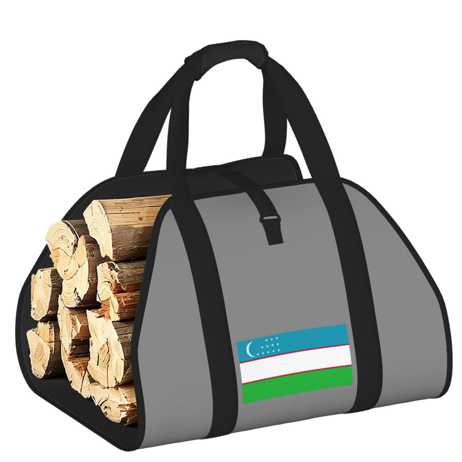 Ayyqwe Black Flag Of The Republic Of Uzbekistan Print Firewood Bag Wood Waterproof Versatile Camping Picnic Storage Daily Home