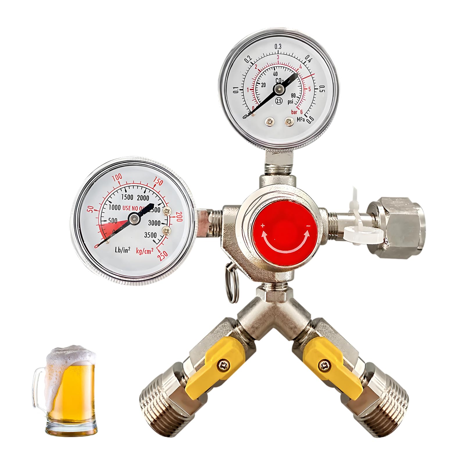 Reducteur de Pression, Détendeur Bière en Laiton avec Manomètres Doubles Régulateur de Pression CO2 avec Filetage D'entrée W 21,8 Filetage à Droite 1/14 Filetage Extérieur G3/4 pour Brassage de Bière