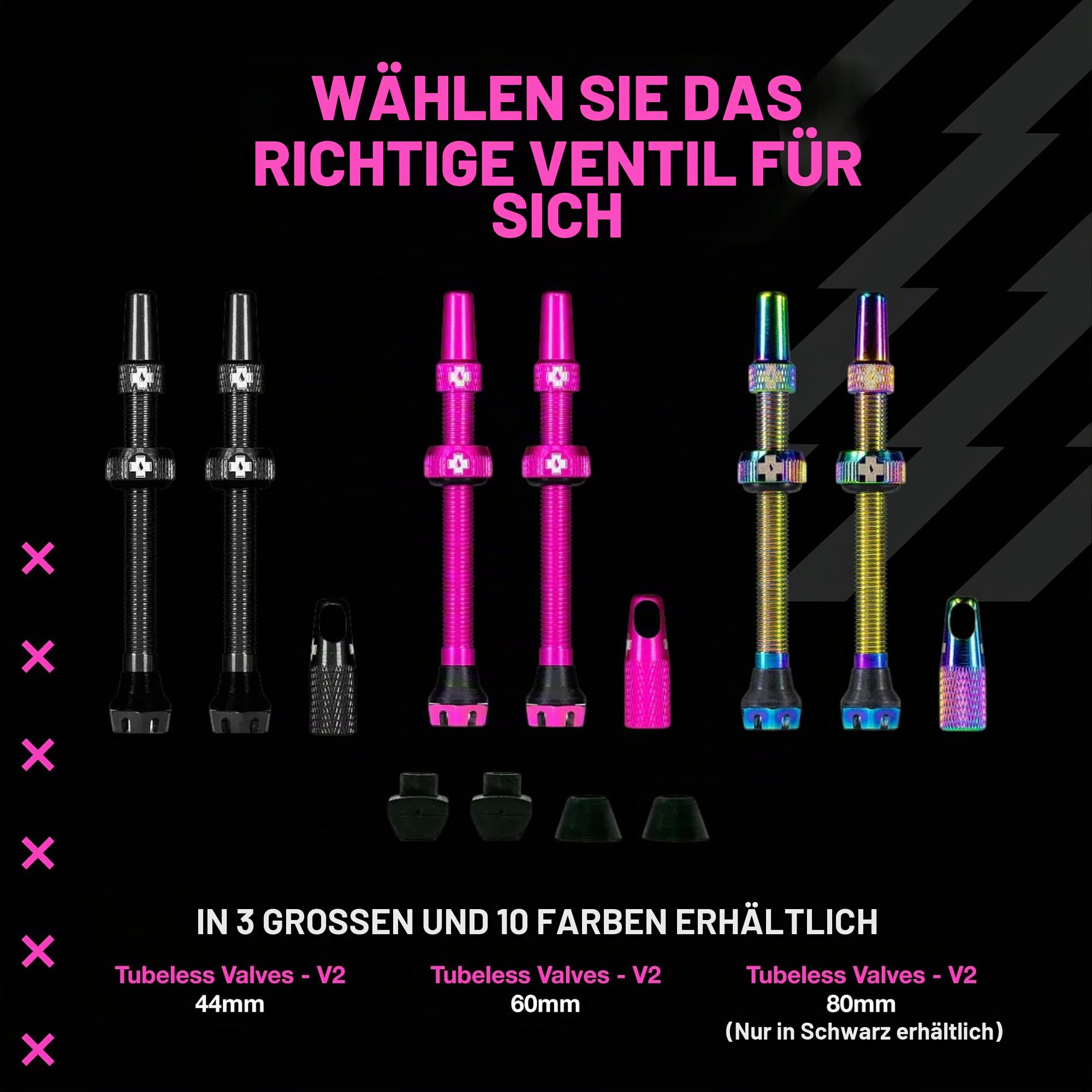Muc-Off Schwarze Presta Tubeless Ventile, 44 mm - Hochwertige Anti-Leck Fahrradventile mit integriertem Werkzeug zum Entfernen des Ventilkerns