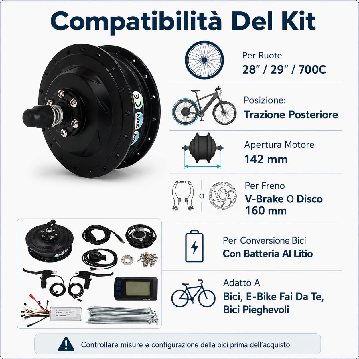 Kit conversione bici elettrica 48V 500W Motore posteriore M3 | Display Meter Controller, Shell in metallo, Kit completo fai da te, Per raggi delle ruote