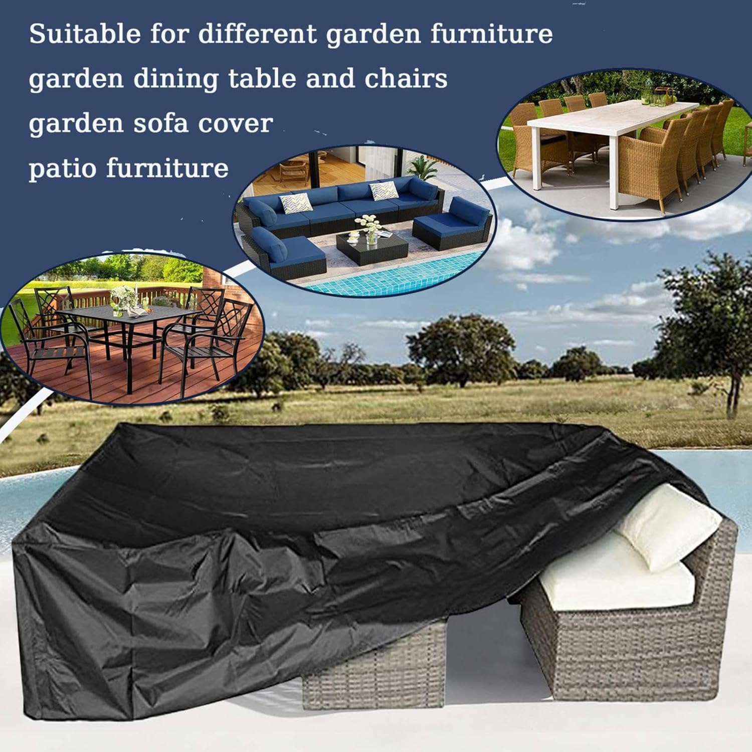 Garden Furniture Cover, 125 x 95 x 80 cm/LxWxH 420D Oxford Fabric Rectangular Waterproof Garden Table Cover, Anti-UV, Windproof, Cold Resistant Protective Tarpaulin