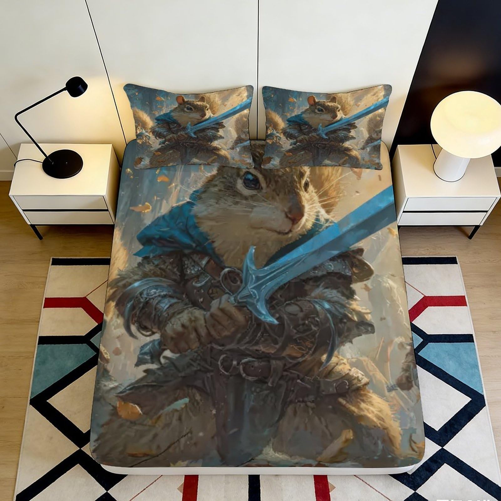 Pnayamiorkfel Style-5 3D Printed Warrior Squirrel Fitted Sheet Microfiber Bed Cover Fantasy Sword Design For Bedroom Dorm Mattress Protection 90X200x25cm