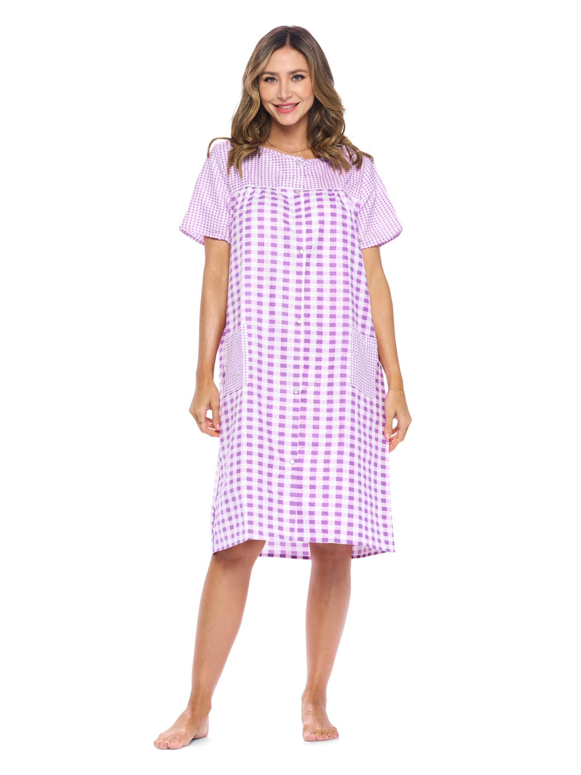 Casual Nights Women's Snap - Front House Dress Short Sleeve Woven Housecoat Duster Lounger Robe with Pockets
