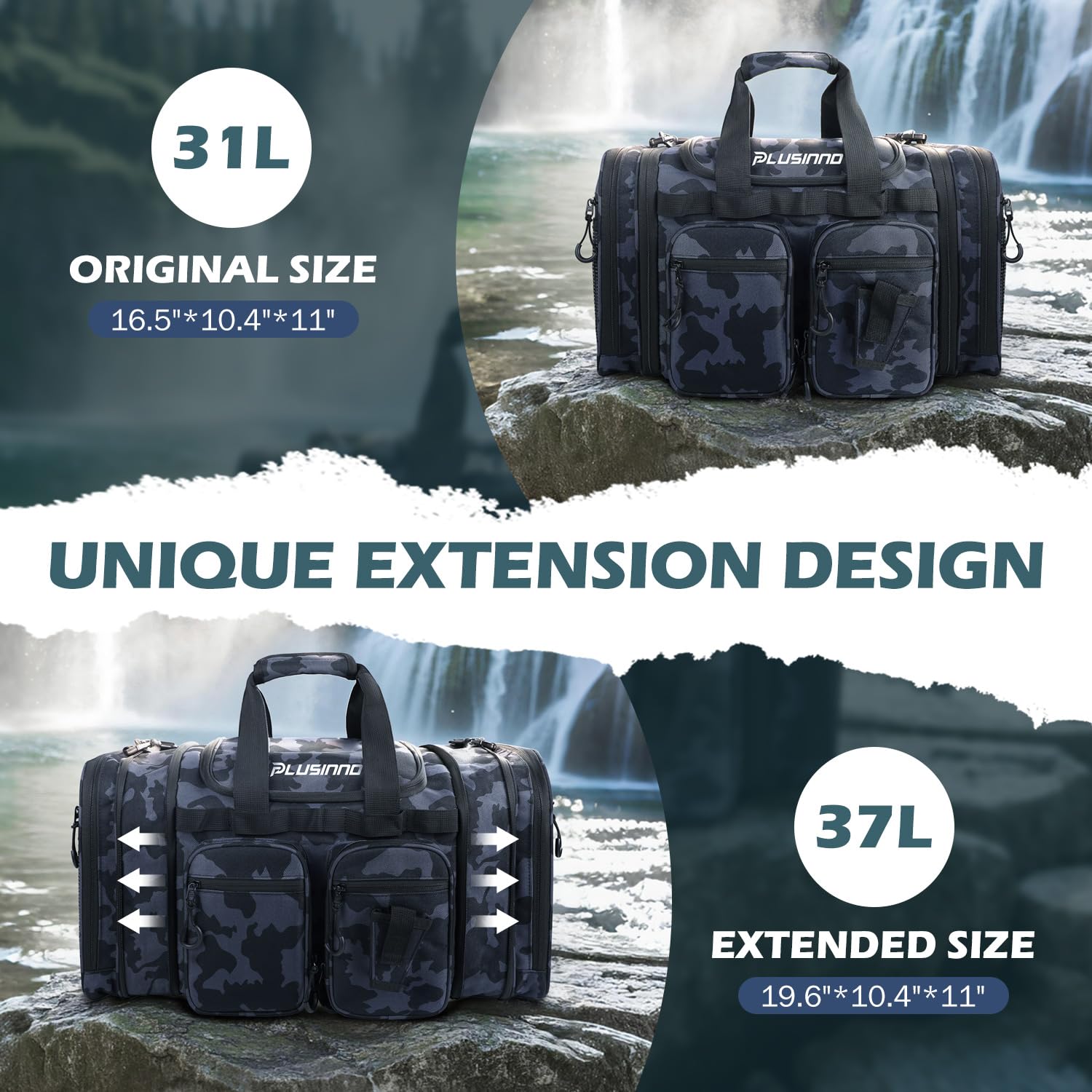 PLUSINNO Tackle Bag - Expandable Fishing Bag for Saltwater & Freshwater - Water Resistant Fishing Gear