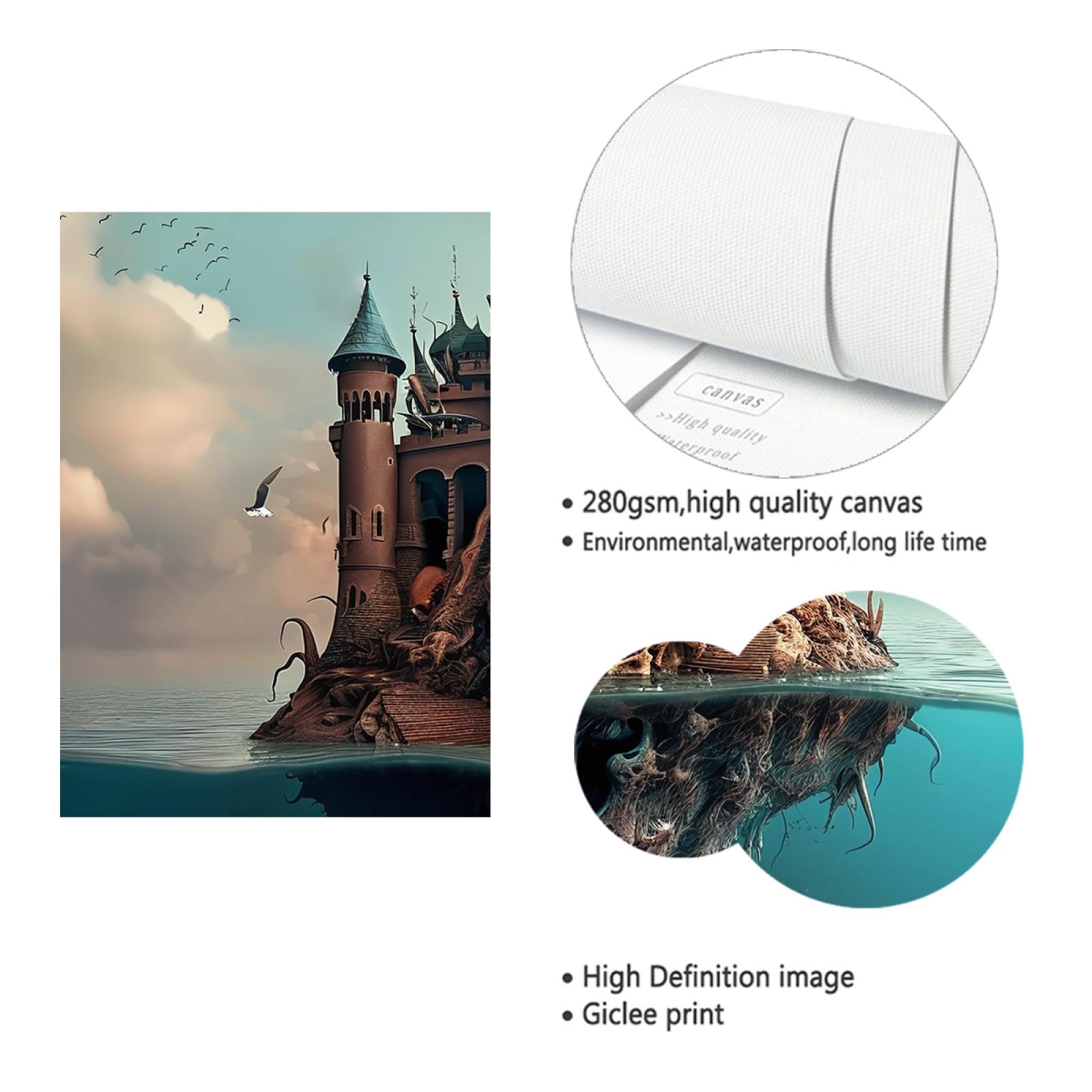 UIRINGART Palais gothique squelette toile art mural horreur crâne impression sur toile affiche surréalisme paysage photo oiseaux volants décor mural 75x100cm cadre intérieur