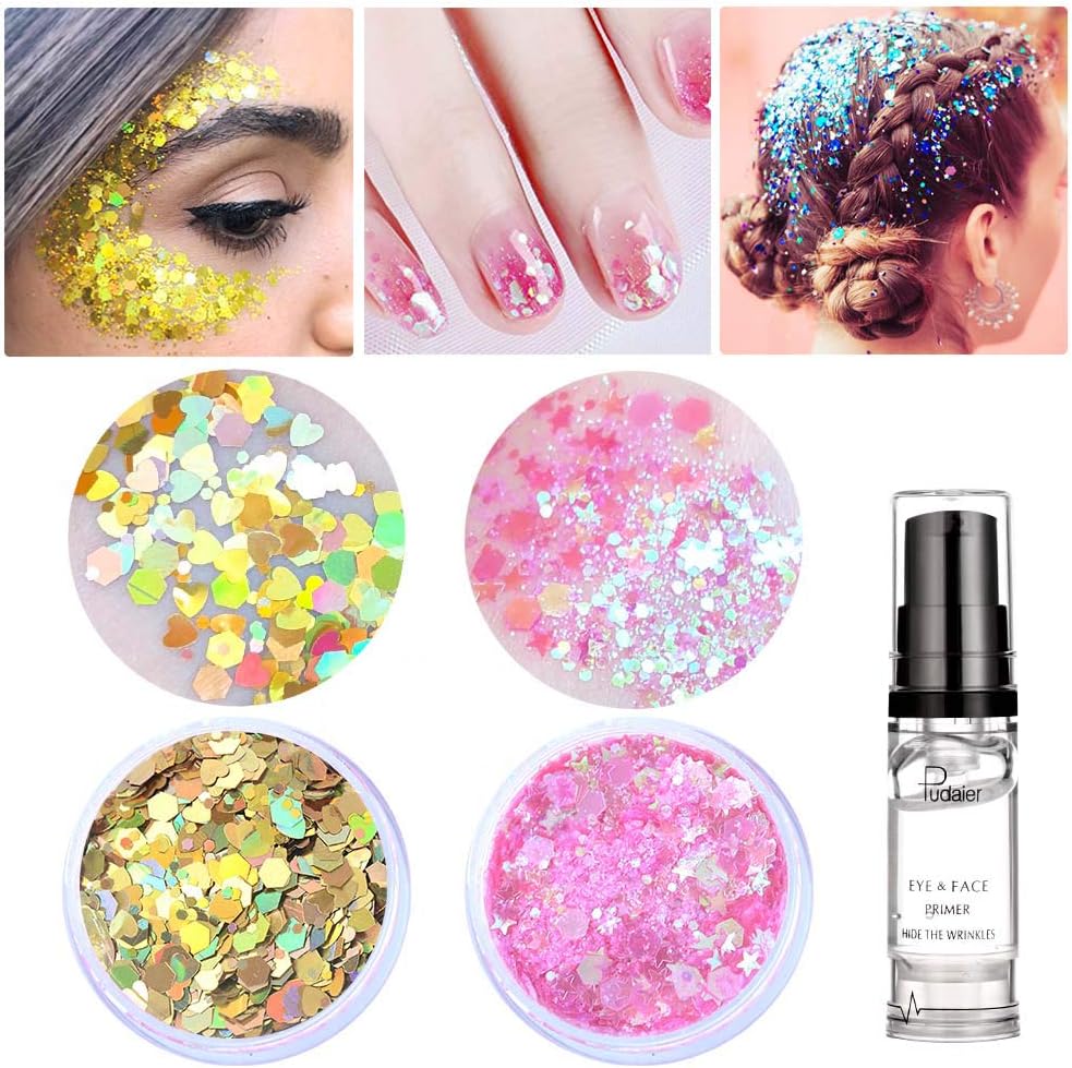 Gold Holographic Face Glitter ✮ HITOP Hair glitter gel ✮ 20g Festival Chunky Glitter,2 Pack Body Glitter with Gel,Makeup Accessories Face Body Hair Nails (Gold and Pink)