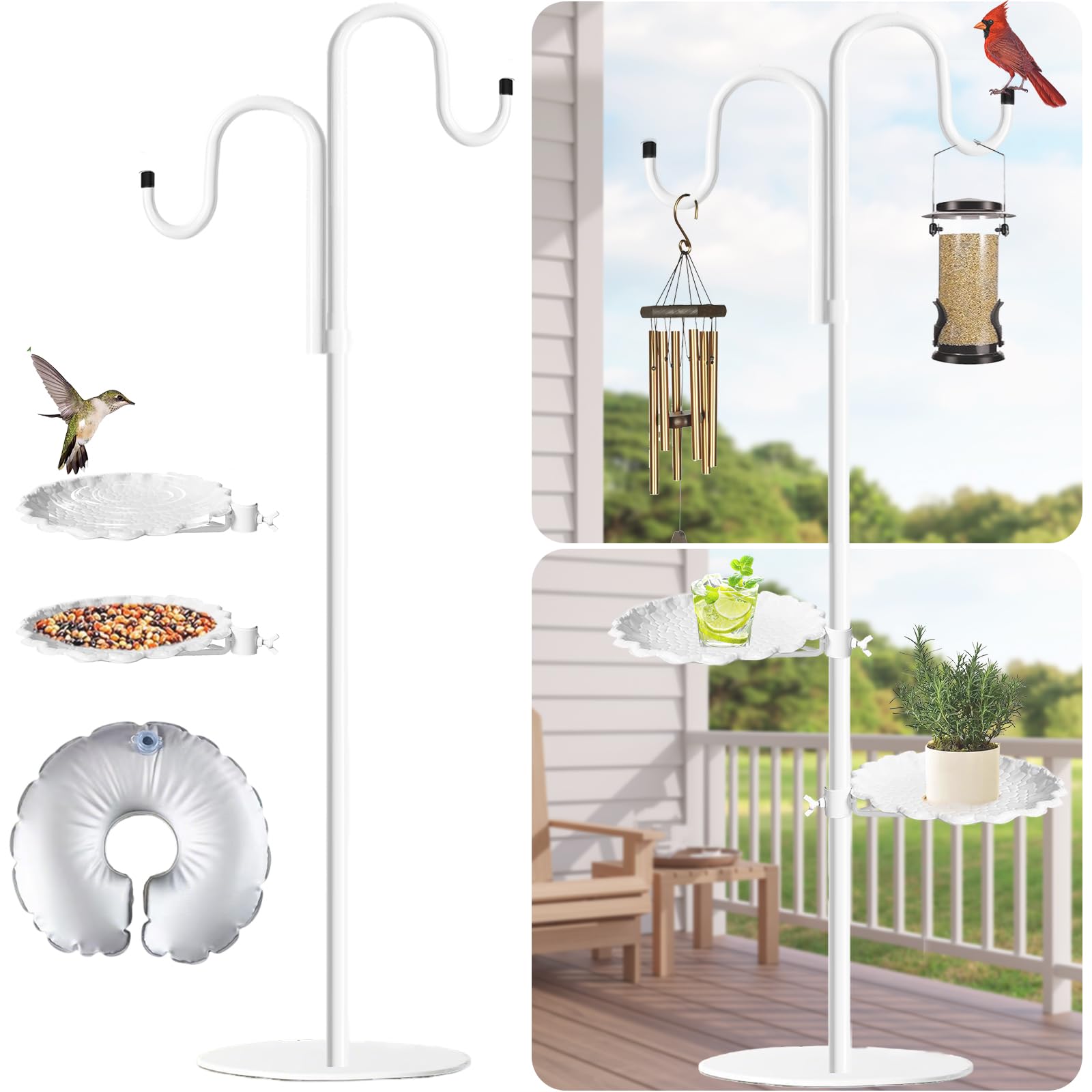 Vorriop Upgraded 74" Shepherd's Hook Stand Plant，Bird Feeder，White Wind Chime Hanger Stand, Waterproof Metal & Adjustable-Height Standing Pole Holder
