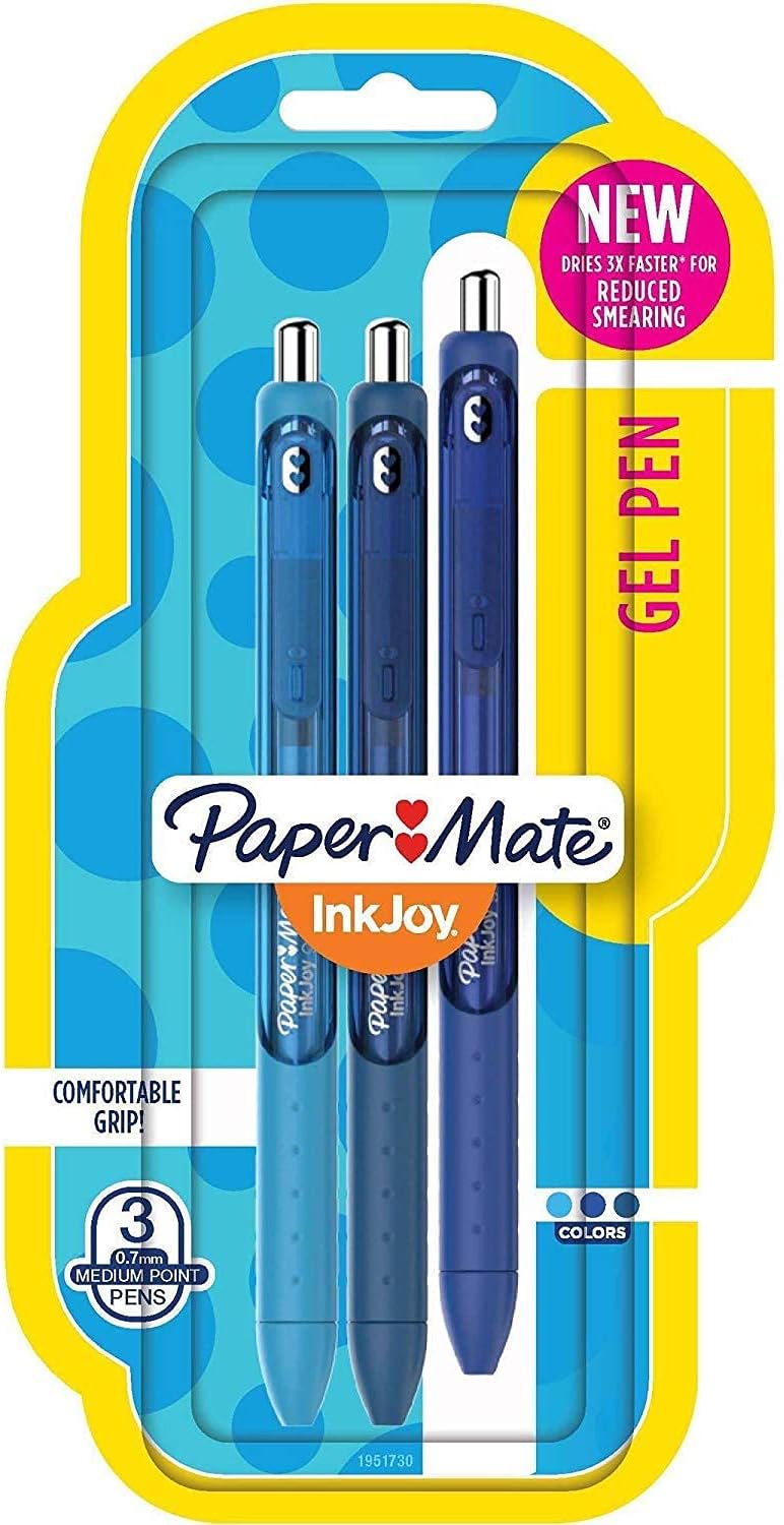 Paper Mate InkJoy Retractable Gel Pens Medium Point, 0.7mm, Assorted Blue, 3 Pack