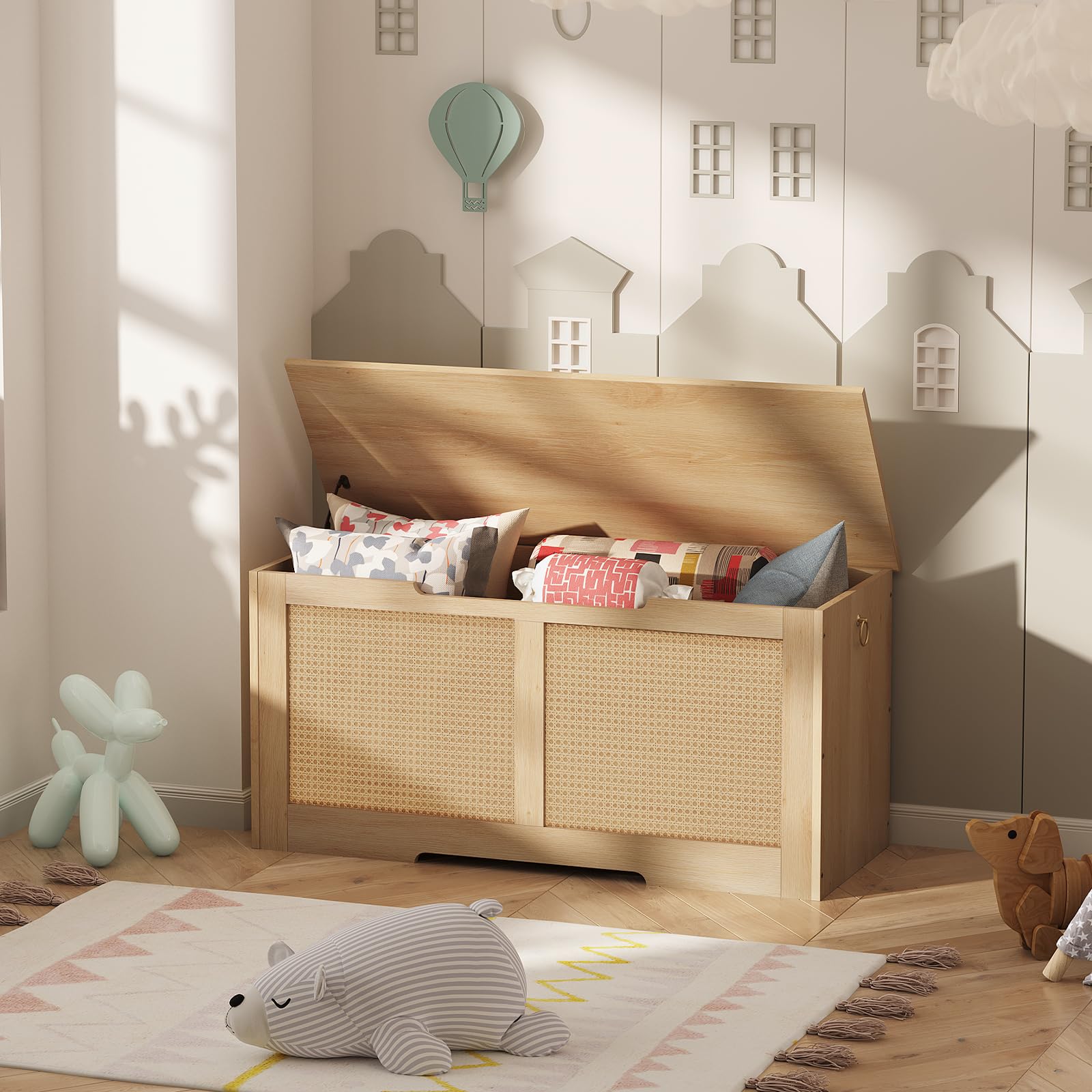 HOOBRO Truhen, Sitzbank mit Stauraum, Spielzeugkiste mit Deckel, 100 cm Rattan-Aufbewahrungstruhe mit Sicherheitsscharnier, Aufbewahrungsbox, für Kinderzimmer, Schlafzimmer, Natur ENL11CW01G1