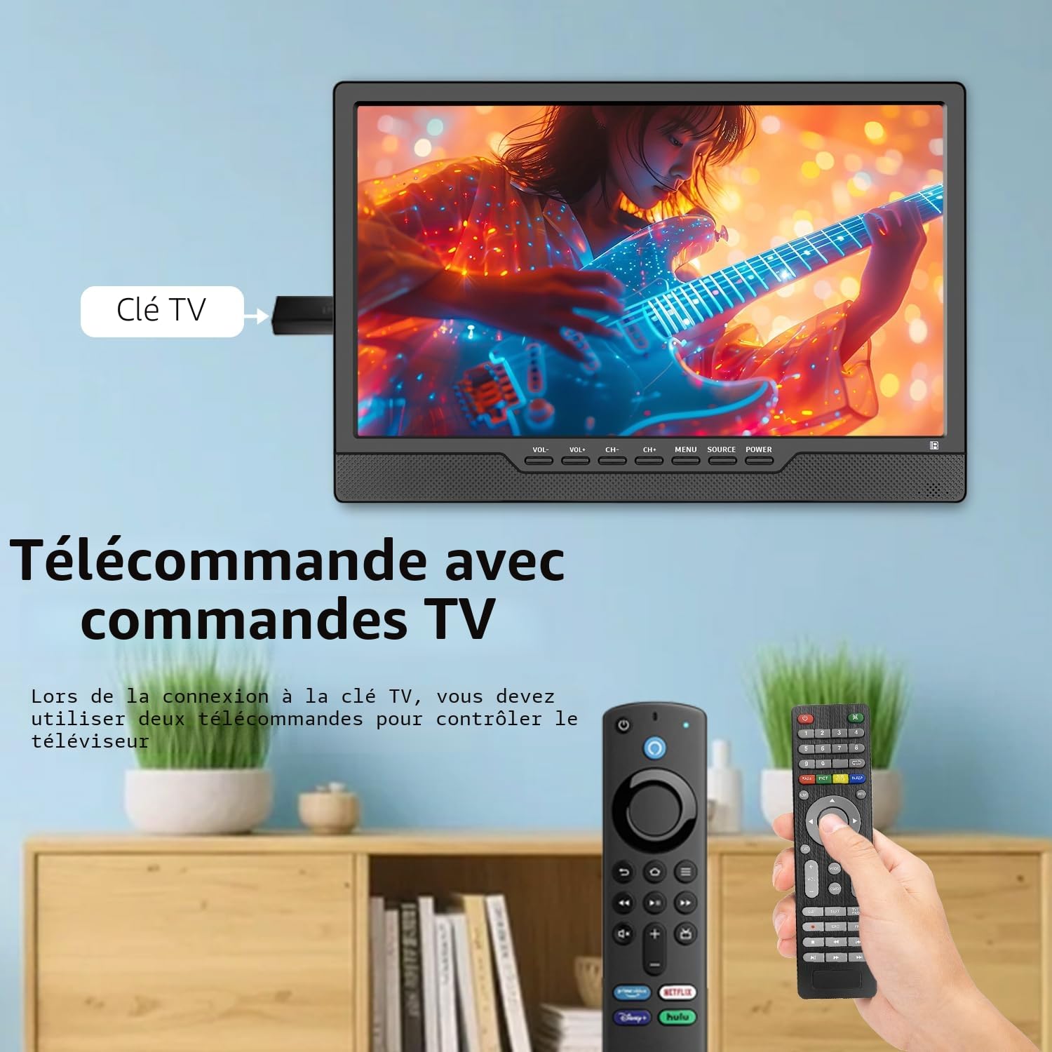 KCR Télévision, TV 12 V avec tuner numérique DVB-T2, HDMI, USB, télécommande, portable, pour chambre à coucher, cuisine, camping-car, 14", noir