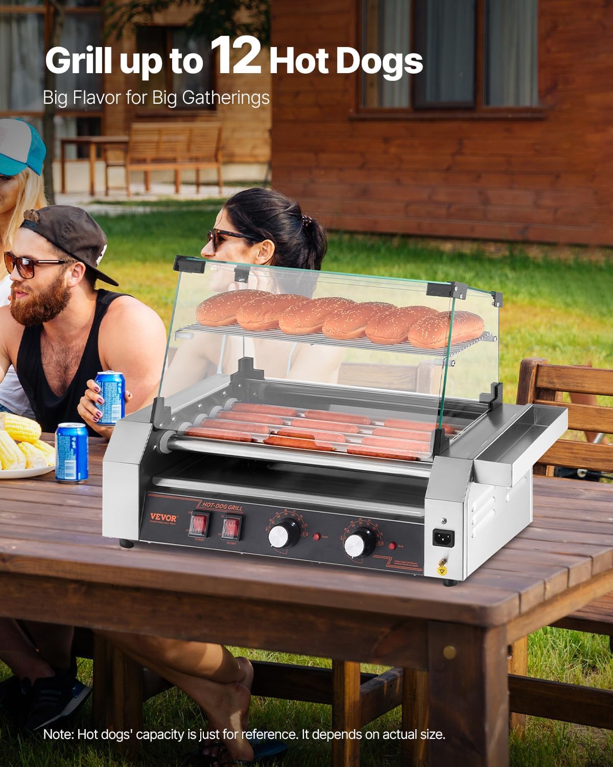 vevor hot dog roller, 12 hot dog 5 rollers, stainless steel sausage grill cooker, 750w commercial hot dog machine with dual temp control, cover, side storage box, removable shelf & oil drip tray 5 rollers+cover