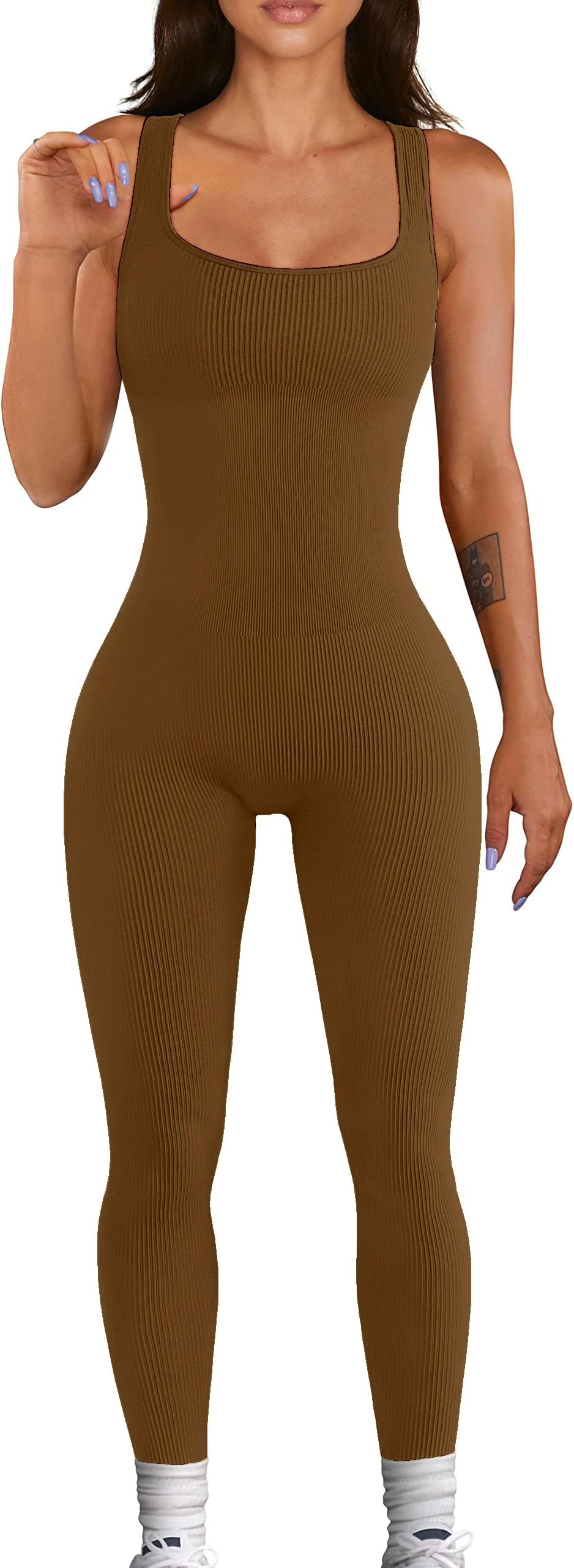 - Women Workout Seamless Jumpsuit Yoga Ribbed Bodycon One Piece Tank Top Leggings Romper