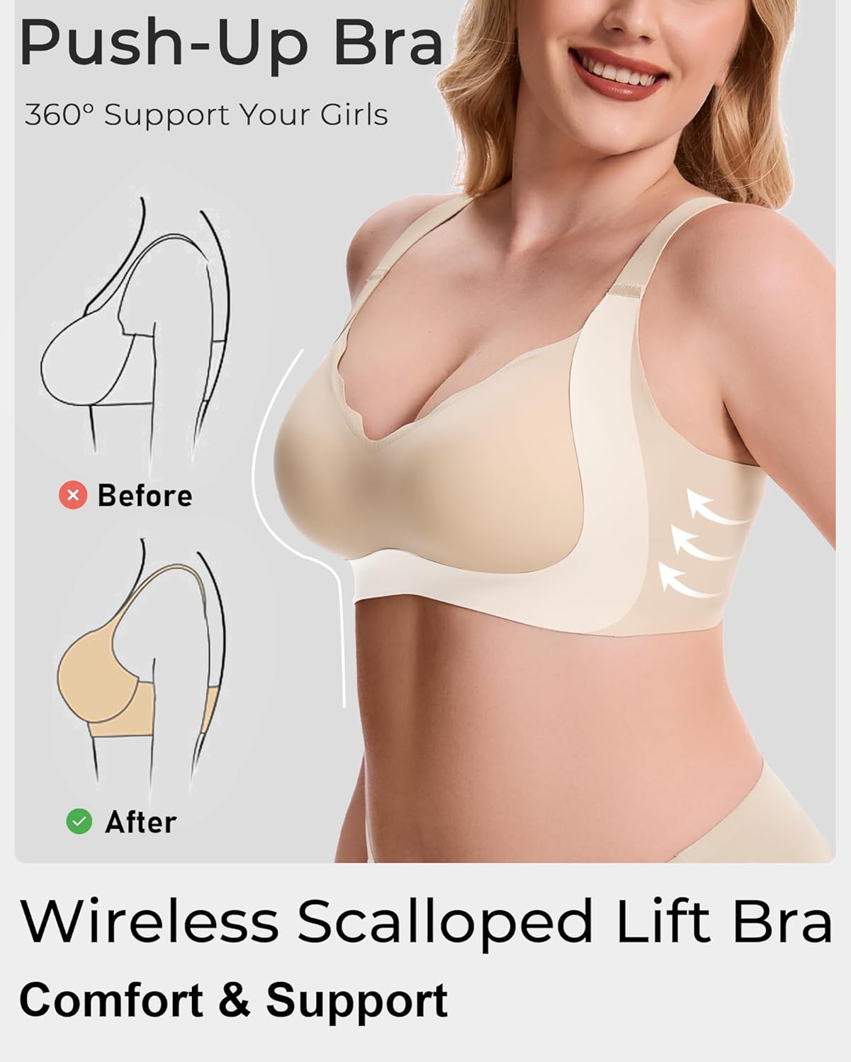 Gailife Scalloped Lift Bras Women Soft Jelly Push Up Wireless Bra Supportive V Neck No Underwire Seamless Tshirt Bralettes - Image 4