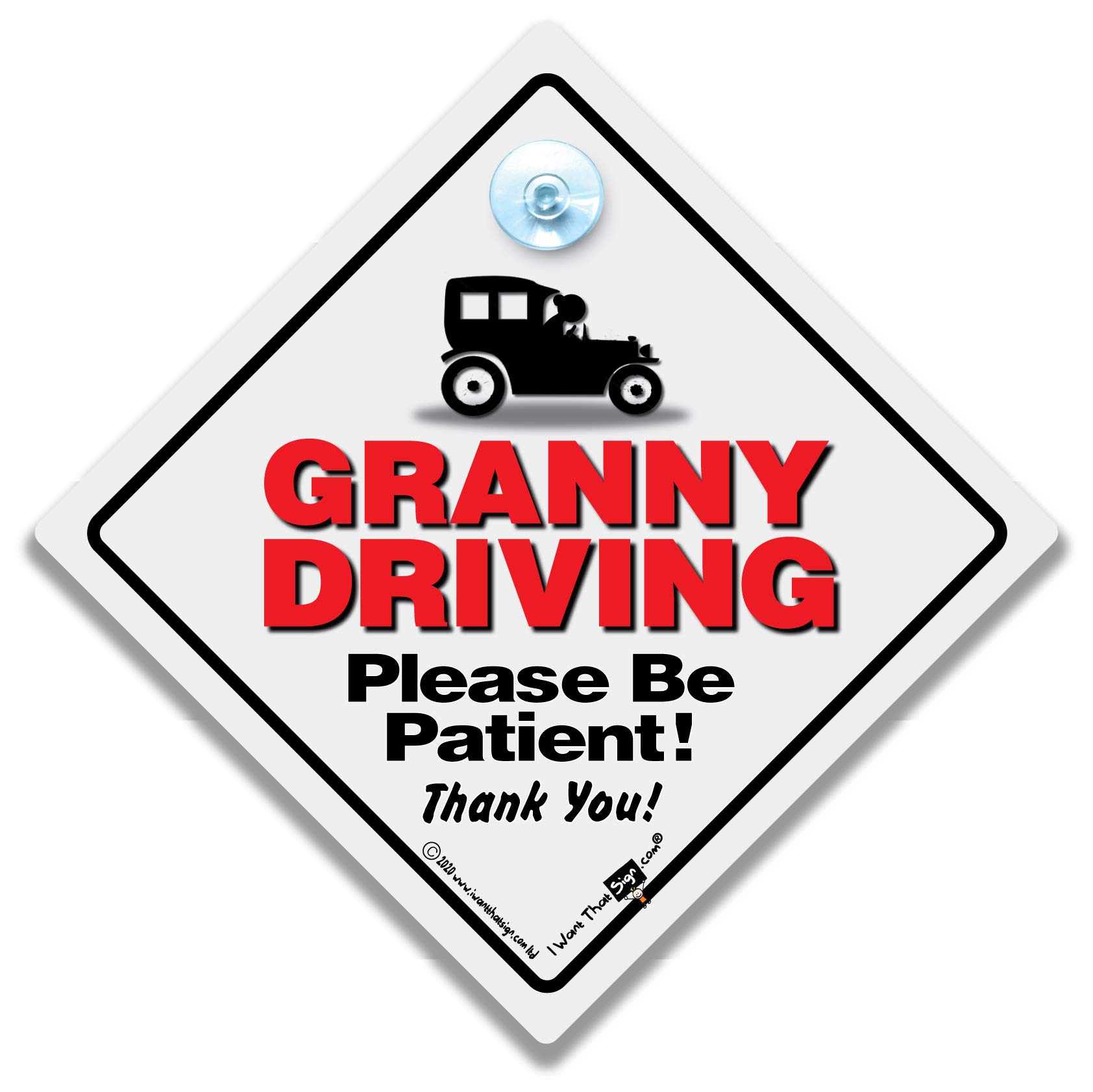 Iwantthatsign.com Blue And White Granny Driving Car Sign, Elderly Driver Please Be Patient Sign, Baby On Board Style Suction Cup Car Window Sign
