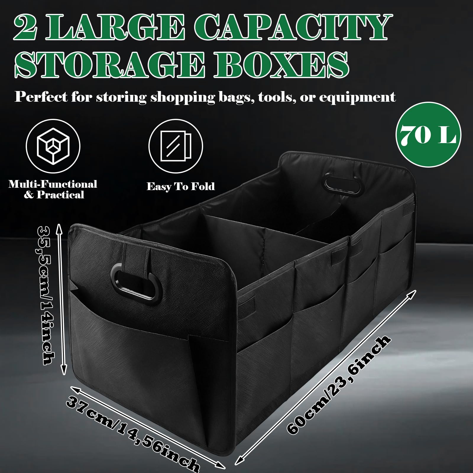 AKOLAFE 2 Stück XL Auto Kofferraum Organizer Faltbar Kofferraumtasche Auto Faltbox 75L Auto Kofferraum Aufbewahrung Oxford Stoff 3 Flexible Fächer mit 9 Taschen für Einkauf Camping Reise Ausflug