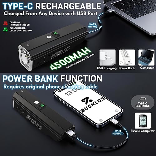 Miniatura 5 de BUCKLOS Luces de bicicleta ultra brillantes de 100015002000 lúmenes para conducción nocturna, faros de bicicleta con atenuación automática LED