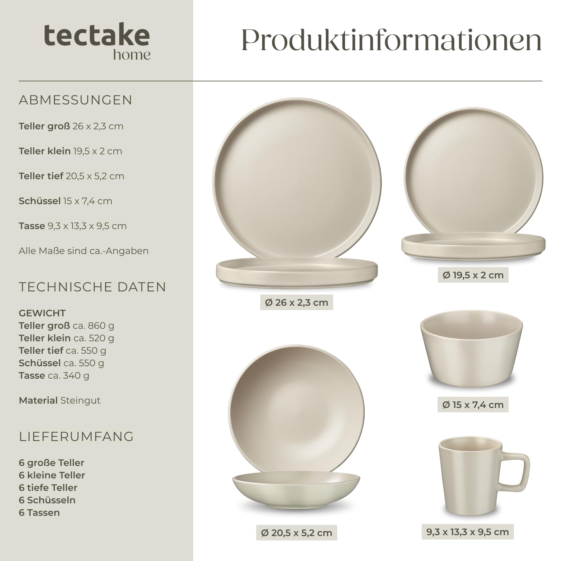 tectake® 30-tlg. Kombiservice, Geschirrset, Tafelservice 6 Personen, Steingut Geschirr Set, Teller Set mit Schalen, Kaffeetassen, Speiseteller, Frühstücksteller, tiefe Teller und Schüsseln - taupe