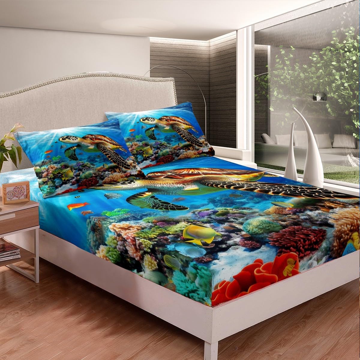 jejeloiu Ocean Fitted Sheet Twin Size Kids Sea Turtle Bedding Set for Boys Girls Teens Ocean Blue Bed Sheets Set Breathable Soft Lightweight