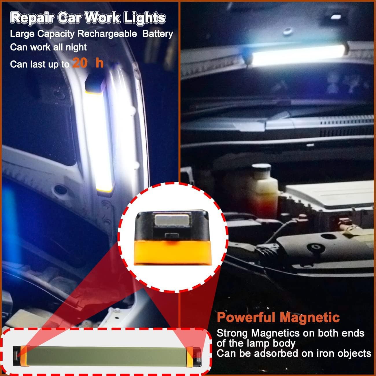 [ 2 Pack ] Car Flashlight , Rechargeable Magnetic Work Light , Portable Camping Stick Lamp with Hook Hanging 5 Modes Outdoor Indoor Power Outages Waterproof Car Repair Emergency