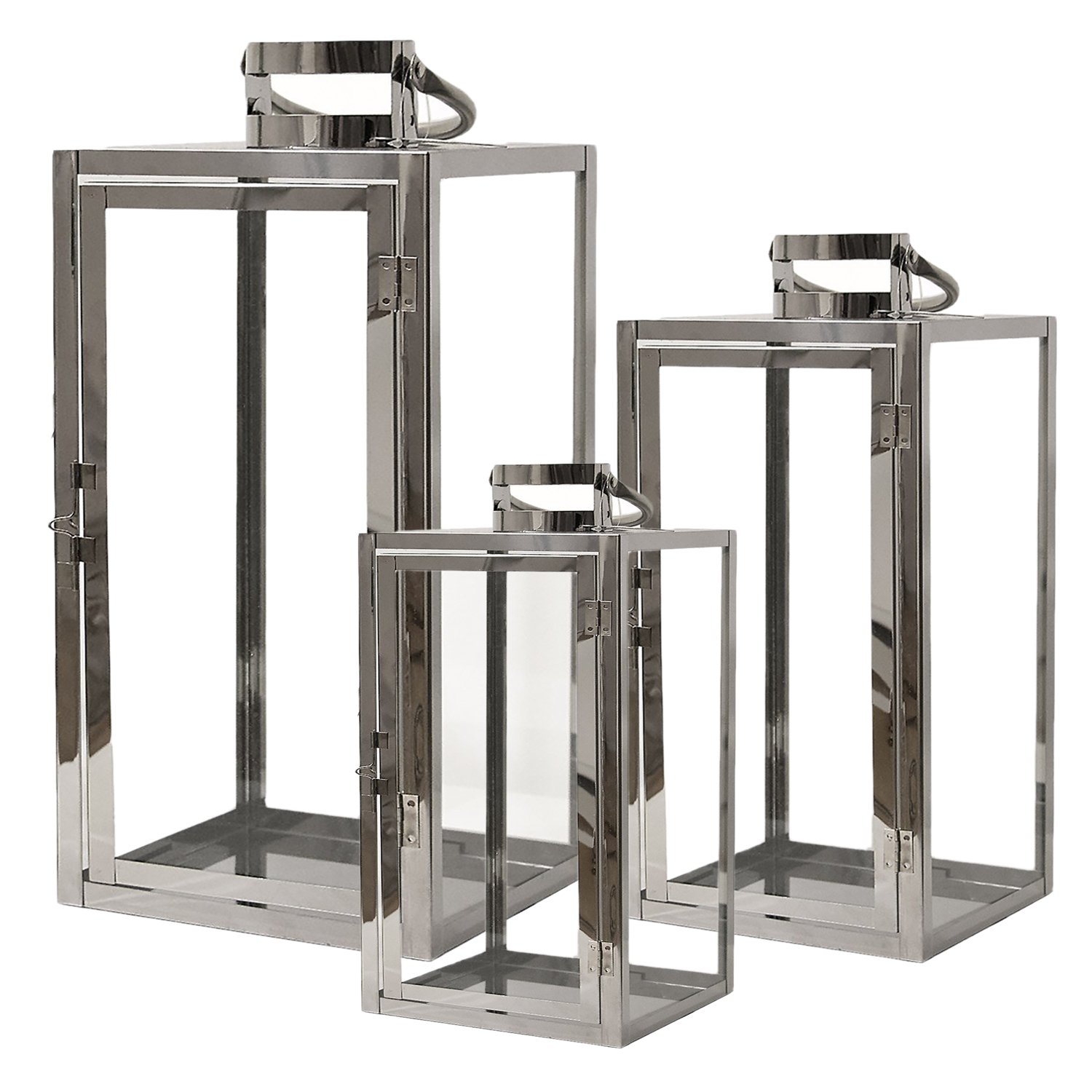 Mojawo Elegante set di 3 lanterne XL, altezza 53, 40, 30 cm, in acciaio inox e vetro, con manico, in vetro, portacandela da giardino,