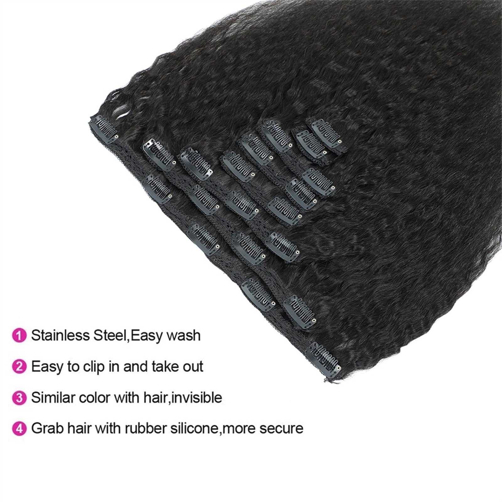 Extensions de cheveux Extensions de cheveux brésiliens crépus lisses à clips, 8 à 26 pouces d'épaisseur, 100% cheveux Remy, noir naturel, 8 pièces avec 20 clips, 120 g/160 g par lot, convient for têt