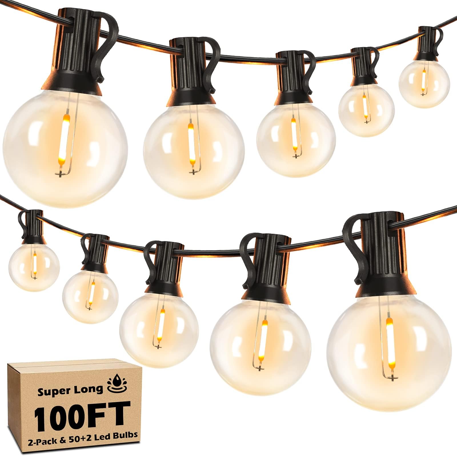 100FT LED Outdoor String Lights Patio Light with 52 Shatterproof G40 Dimmable Globe Bulb, 2-Pack 50FT Waterproof Outside Hanging String Light for Christmas Backyard Porch Balcony Gazebo Party