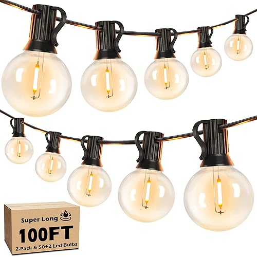 100FT LED Outdoor String Lights G40 Globe Shatterproof Waterproof 2Pack 50ft Patio Lights 52 Dimmable Edison Bulbs, String Lights for Outside Porch Party Backyard Gazebo, Connectable