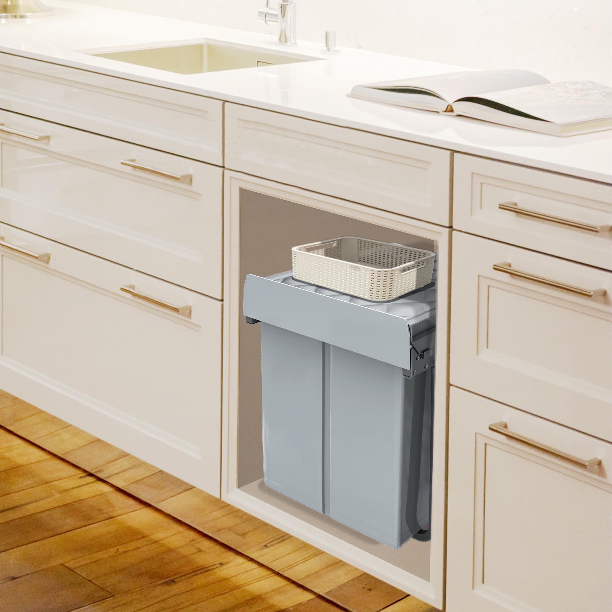 FIVMEN Einbaumülleimer Küche 3 Fächer Ausziehbar Mülleimer Abfalleimer Küche Unterschrank mit Teleskopschienen Küchenmülleimer Einbau Mülltrennsystem Grau, 1x20L+2x10L
