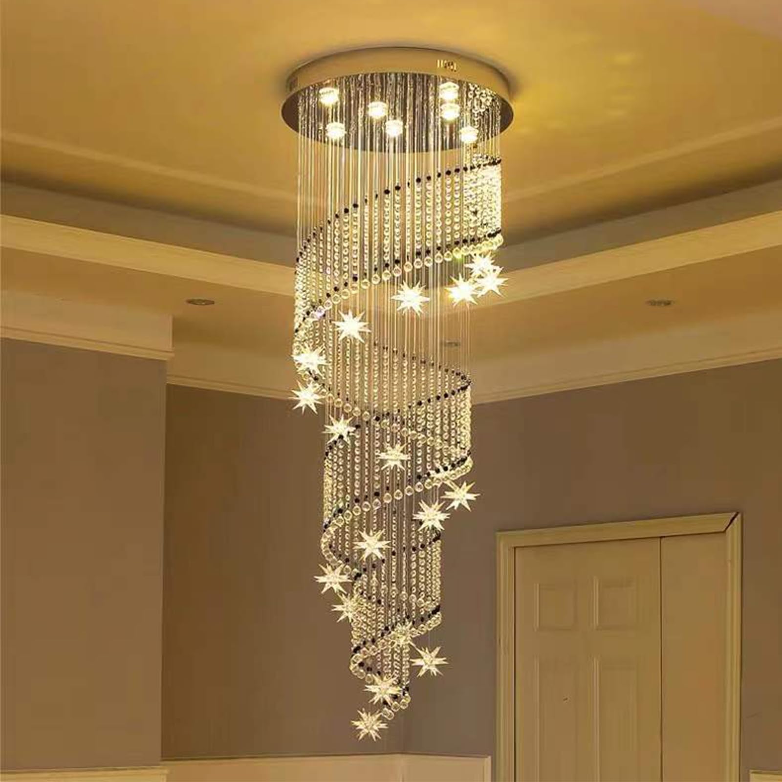 KXEcoLife Elegant Spiral Crystal Chandelier Lights, Clear LED Ceiling Light Chrome Flush Mount Pendant Lighting Fixture for Livingroom Dining Room Hallway Stairway Foyer