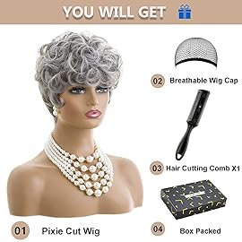 MOONSHOW Short Grey Wigs for Black Women Grey Pixie Cut Wig Short Gray Wigs for Blcak Women Synthetic Gray Curly Pixie Wig for Old Women