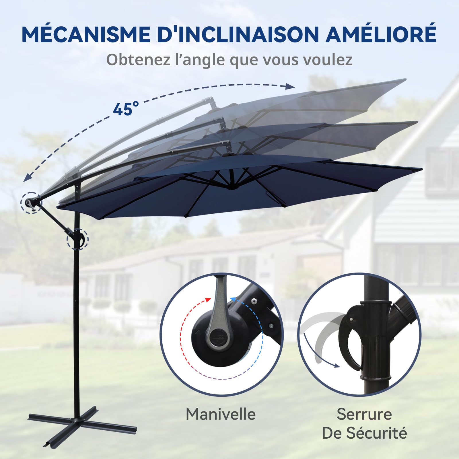 YU YUSING Parasol Déporté Inclinable 3x3M avec Manivelle, Pied Housse, Anti-UV UPF50+, Grand Parasol de Jardin Balcon Terrasse Patio, Inclinable, Imperméable, 8 Armatures Ultra-Résistantes