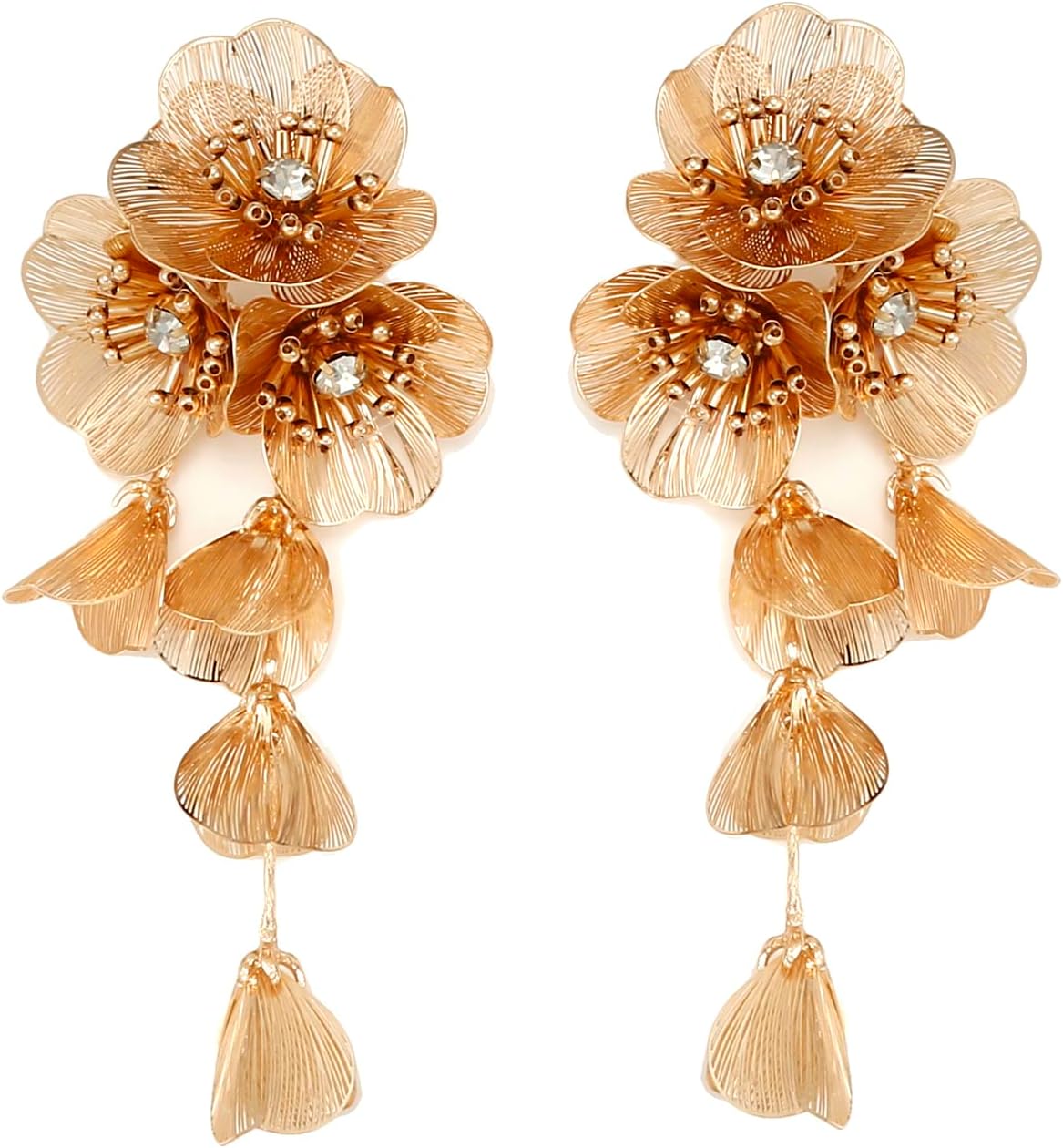 LUREME Big Golden Layered Floral Statement Necklace,Flower Dangle Earrings Boho Layered Floral Petal Drop Earrings for Women(st000802)