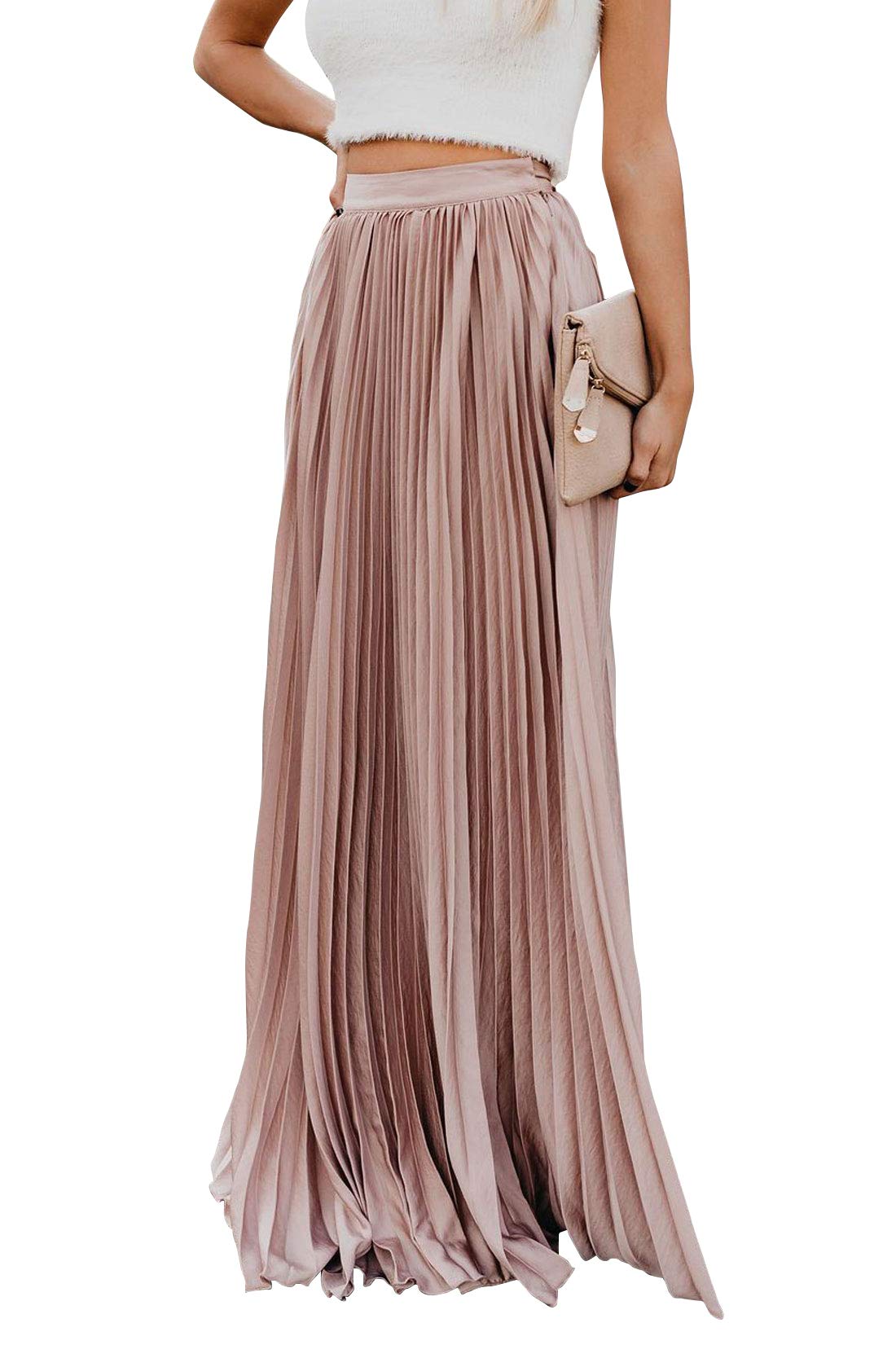 ebossy Women's High Waist Flowy Pleated Chiffon Maxi Skirt - Pink - XX-Large