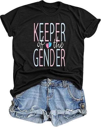 Eatbook Keeper of The Gender Shirts for Women Gender Reveal Mom Cute Tshirt | Keeper of The Gender Shirts,Pregnancy Announcement Pink Blue Letter Tee for Maternity Mom,Gender Reveal Shirts Mom and Dad