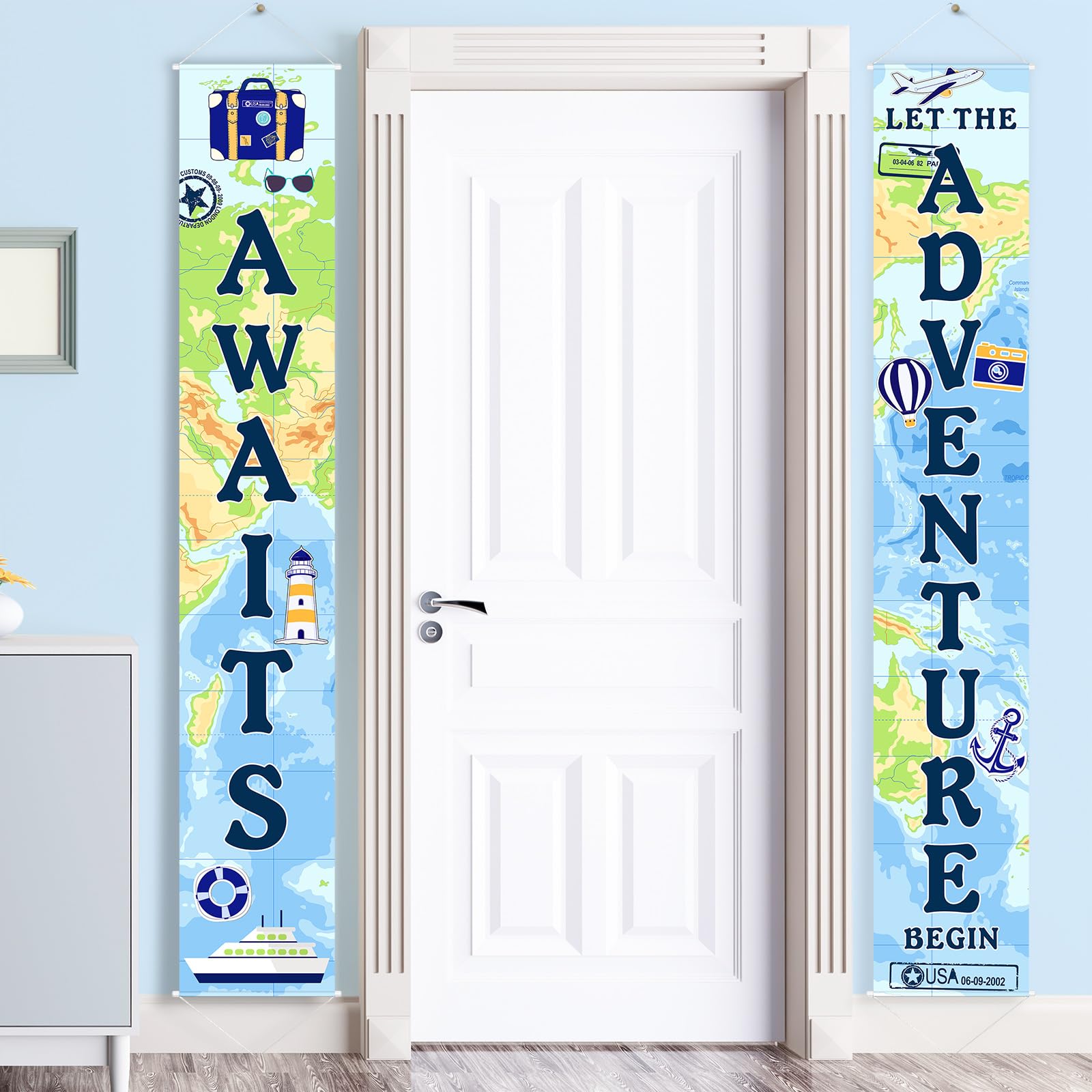 Blulu Adventure Awaits Bon Voyage Banner &amp; Porch Sign - Travel Themed Party Decorations for Going Away, Graduation, Bachelorette, Bachelorette, Moving Relocation Party Backdrops Decor(Blue)